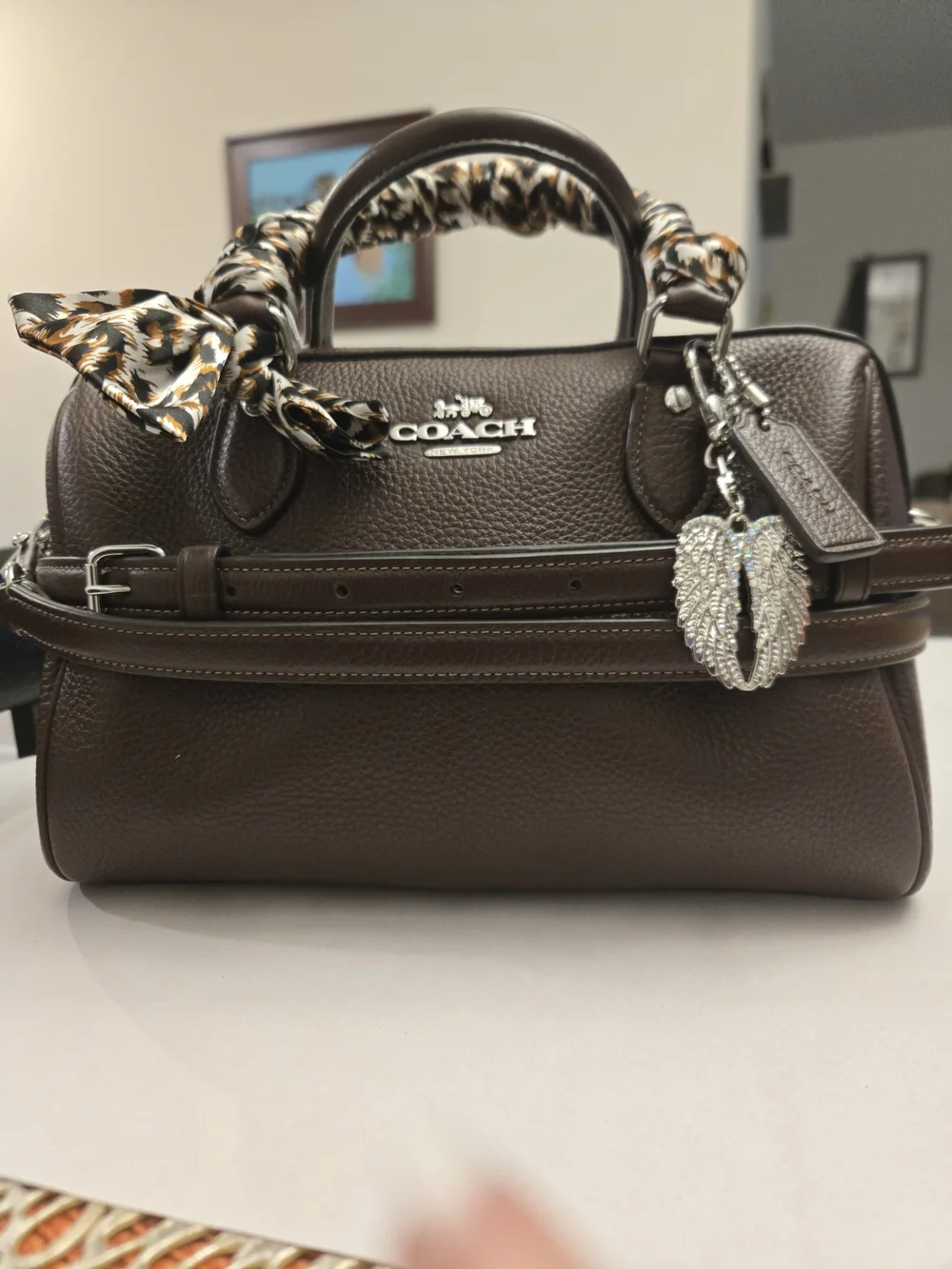 Coach Dark Brown Pebbled Leather Satchel with Scarf Accent